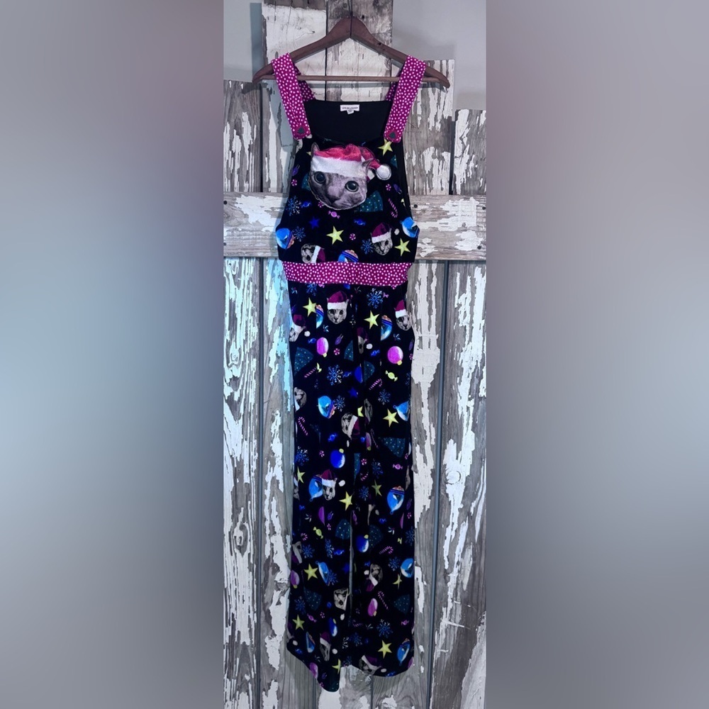 Love On A Hanger Cat Jumpsuit Size XS Festive Black with Colorful Holiday Prints